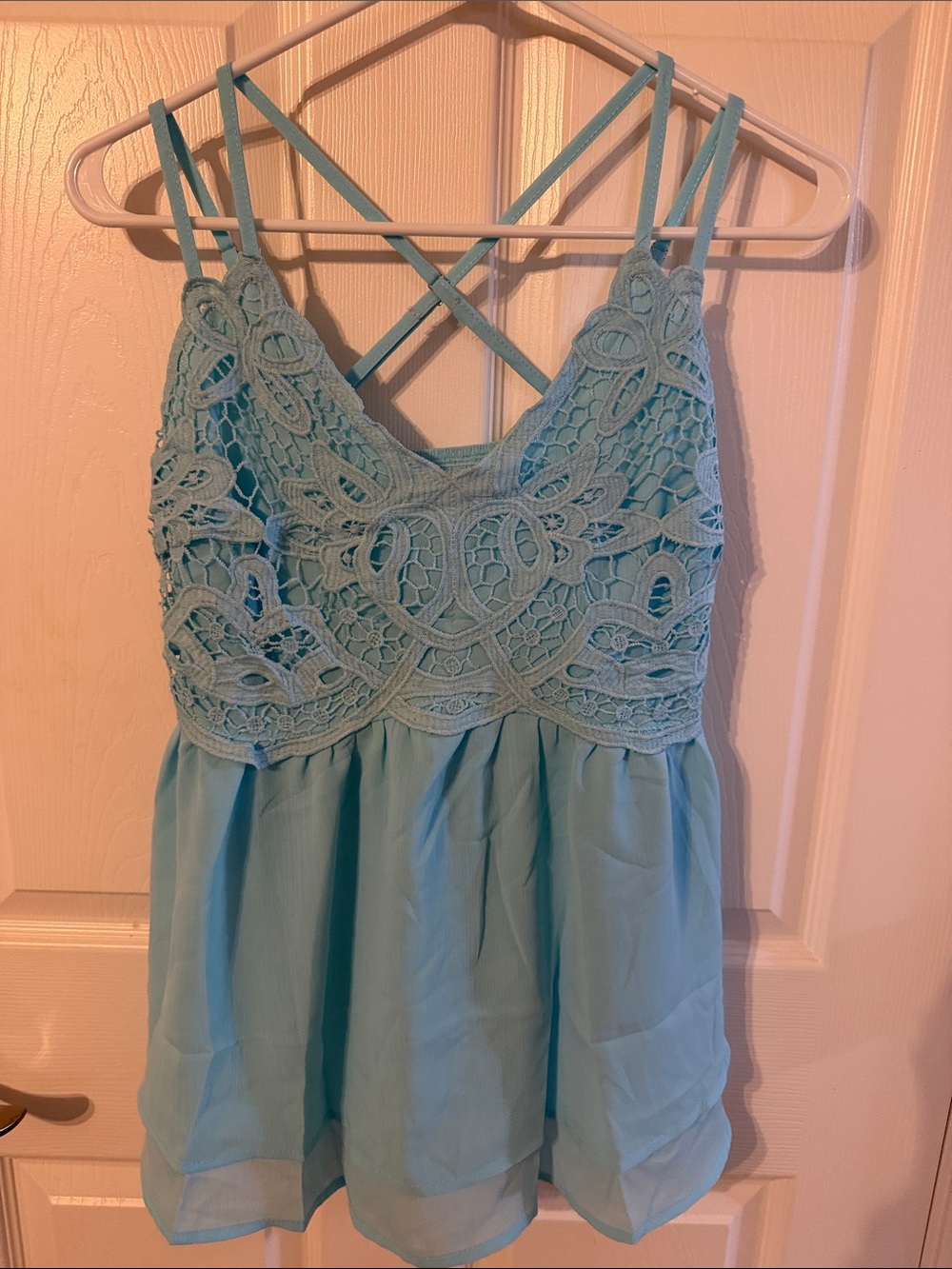 Light Blue Crochet-Detail Spaghetti Strap Women's Top
